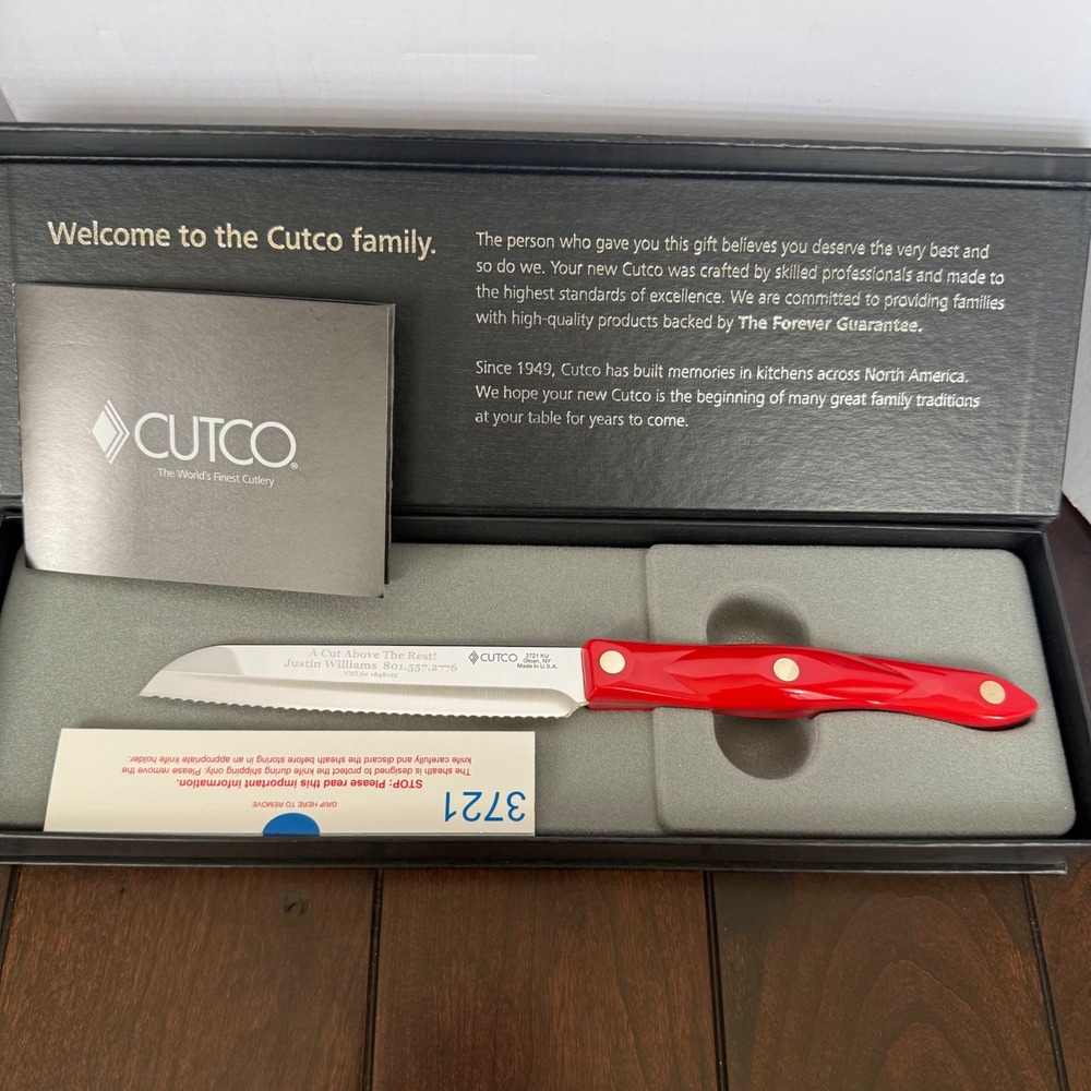 Cutco 3721 KU Santoku Red Classic Handle Serrated USA Realtor Engraving
